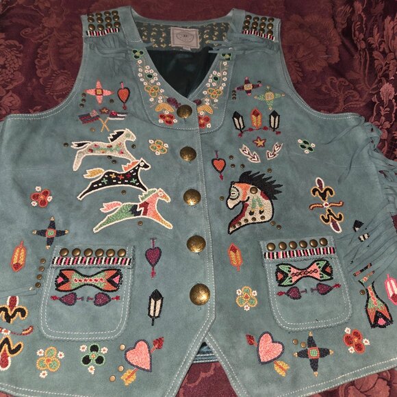 Double D Ranch Green Suede Beaded Vest Women's XL - Picture 1 of 11